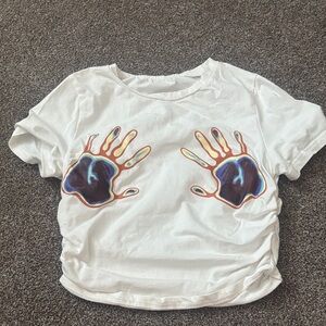 SHEIN White Crop Top with Colorful Handprint Design